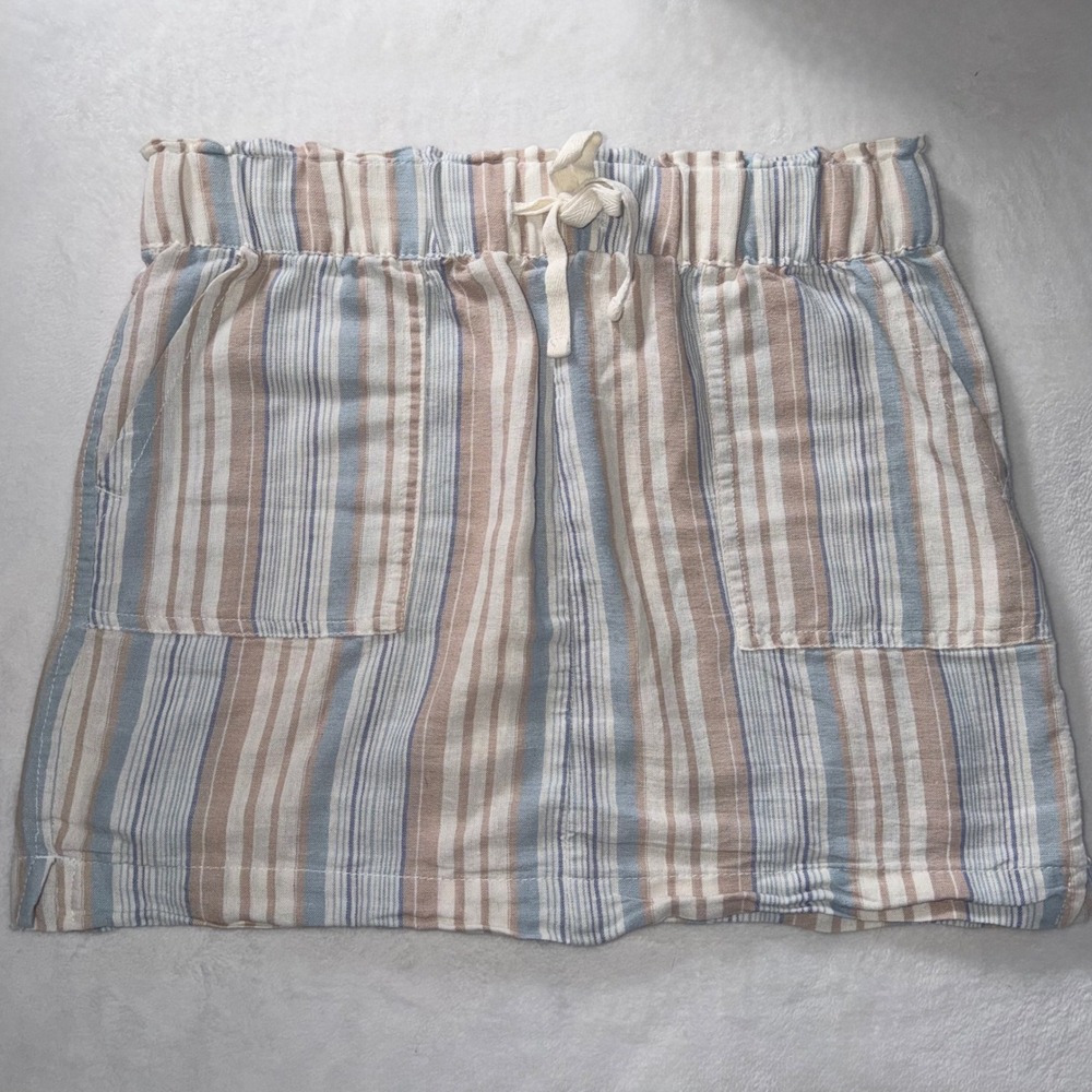 Dash Womens Linen Blend Striped Paperbag Waist Mini Skirt Blue Tan Size M